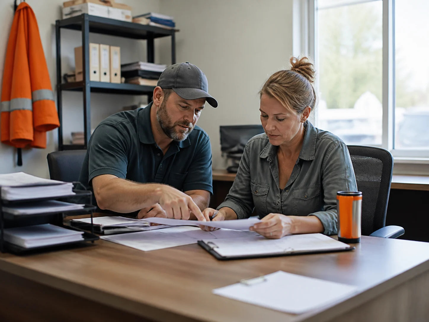 Contractor and office manager reviewing completed-job paperwork and a balance