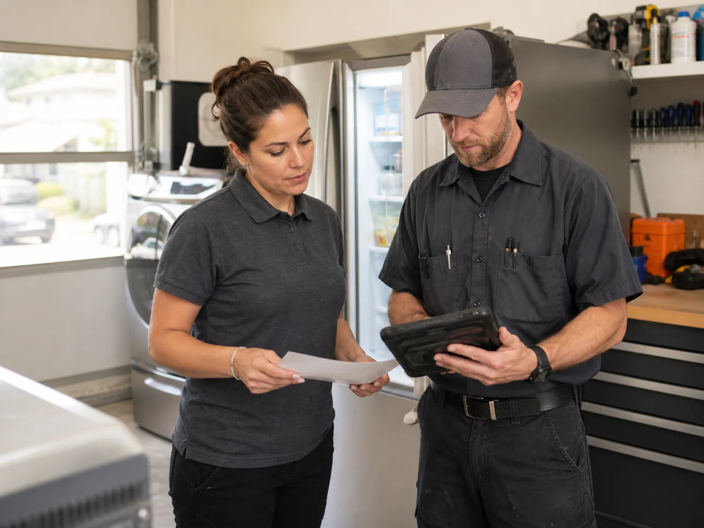 Appliance-repair coordinator and technician reviewing a service request