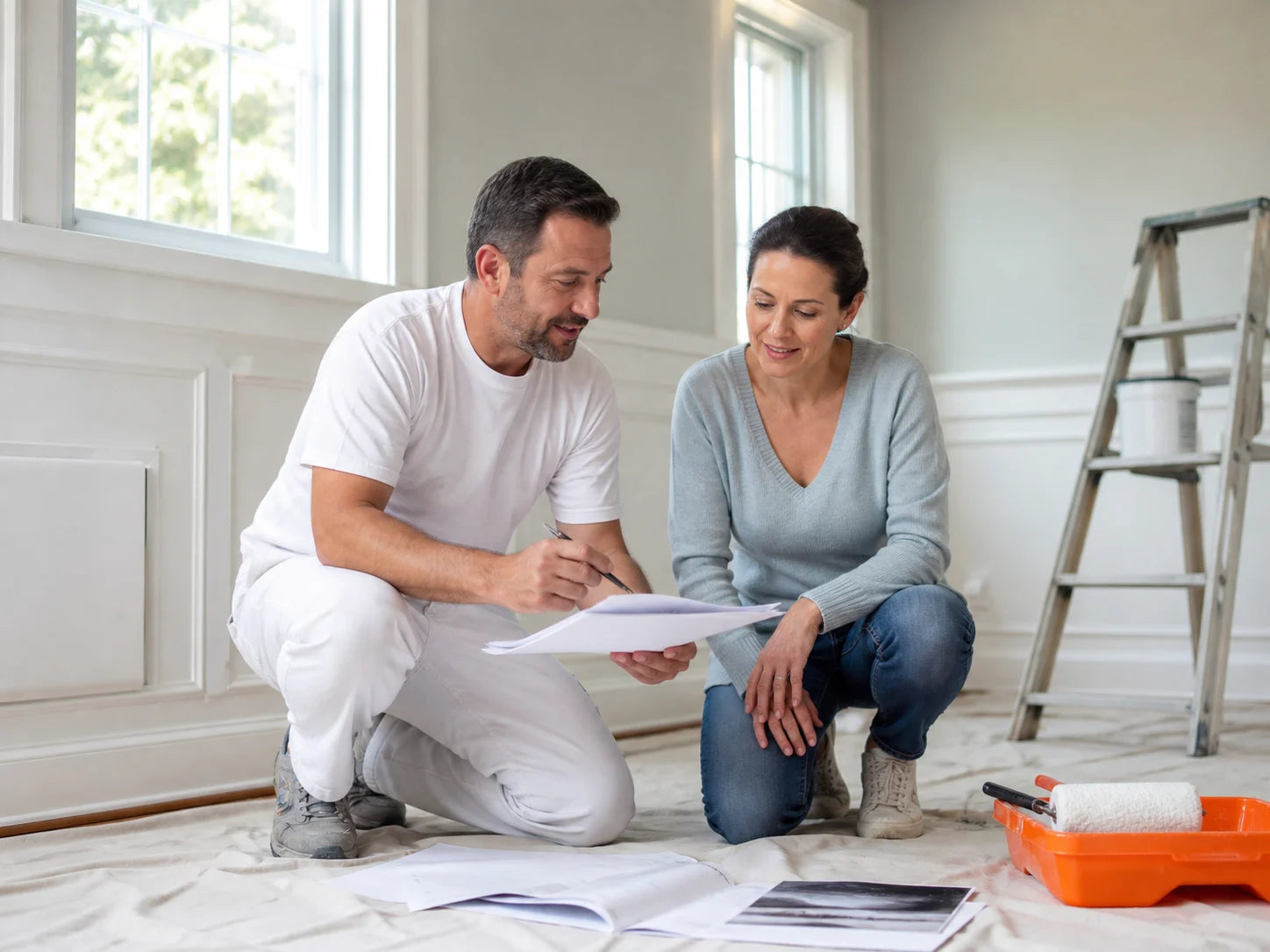 Painting contractor and homeowner reviewing project scope