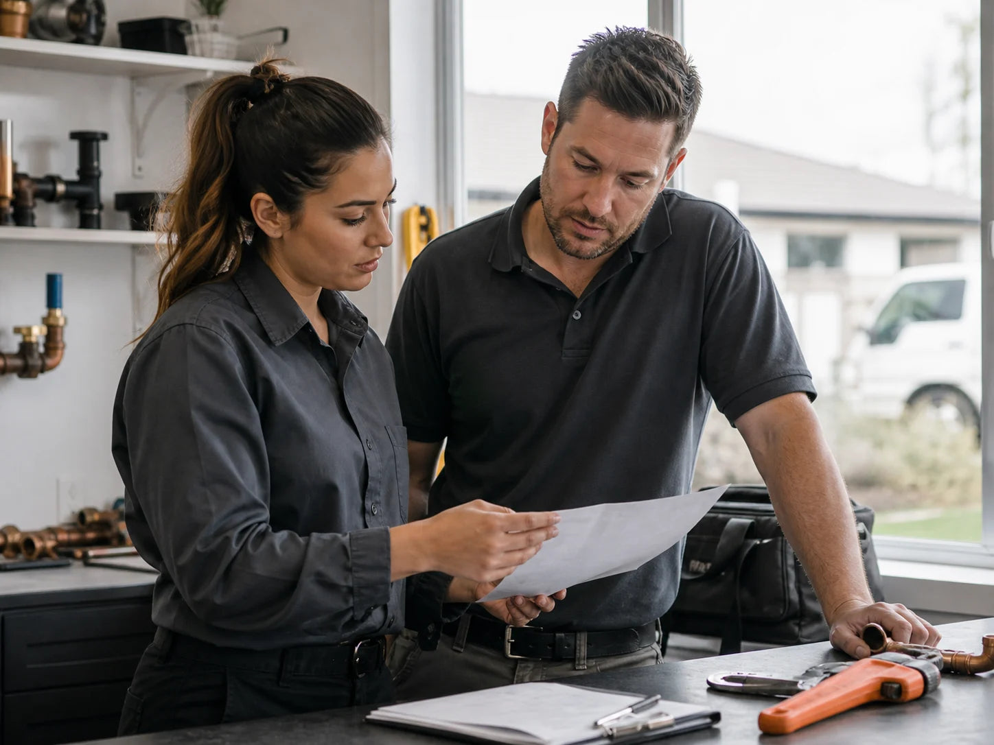 Plumbing coordinator and plumber reviewing an urgent service request