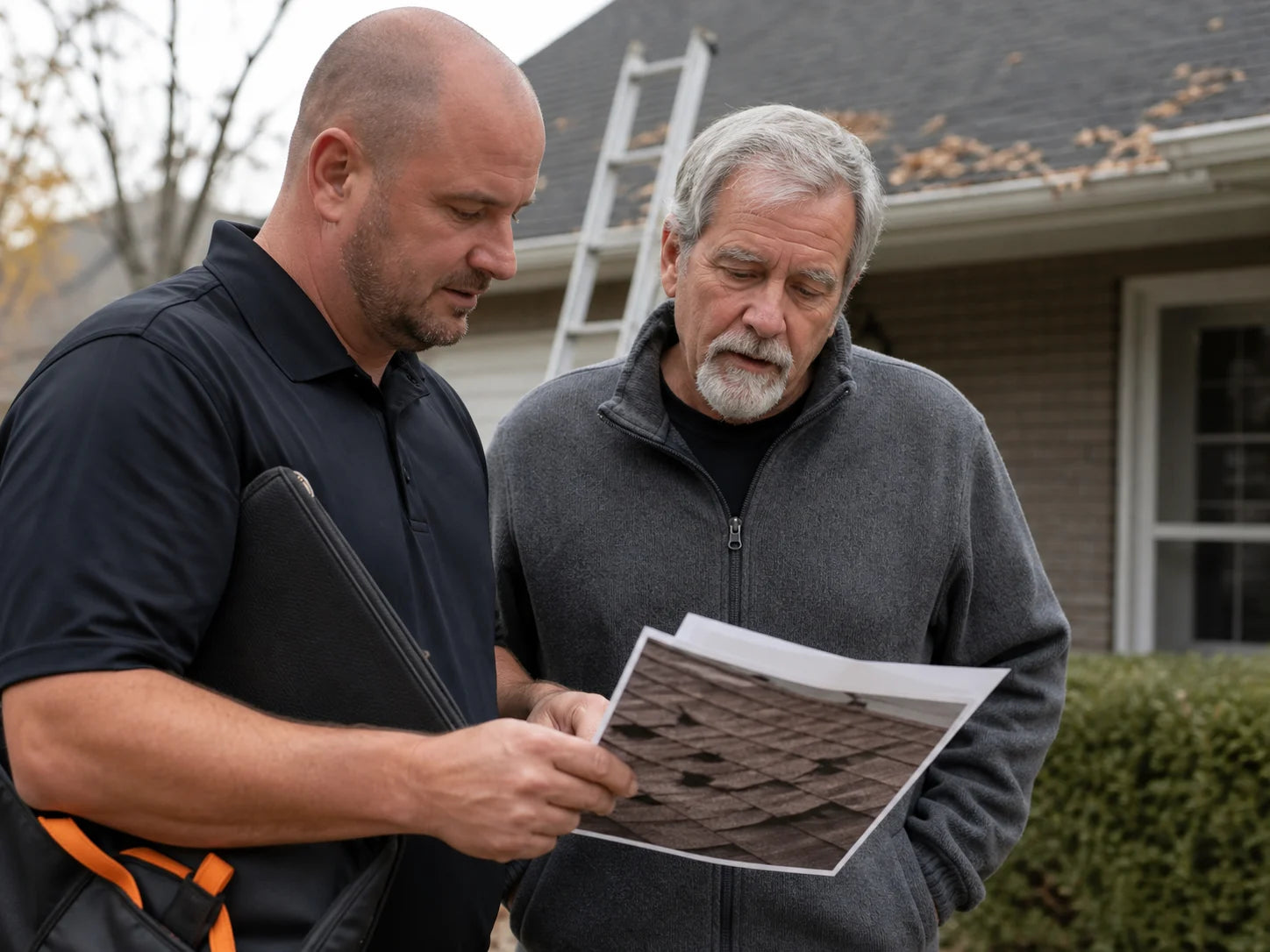 Roofing estimator and homeowner preparing a storm-damage inspection
