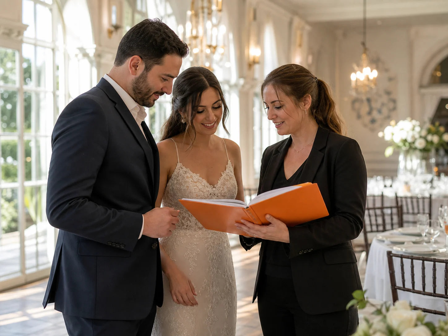 Venue coordinator and couple reviewing an event plan in a reception space