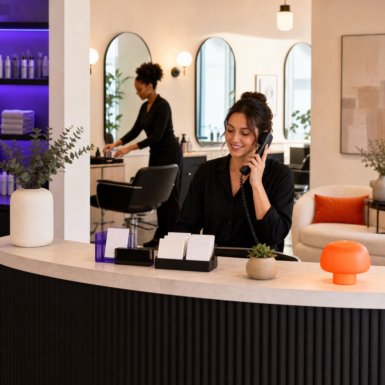 Local-service receptionist answering a booking call while a service station is prepared