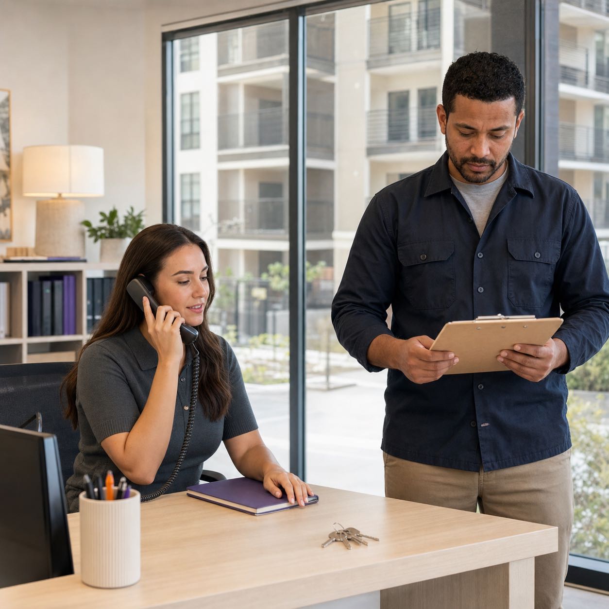 Property manager answering a resident call while a maintenance technician reviews a work order