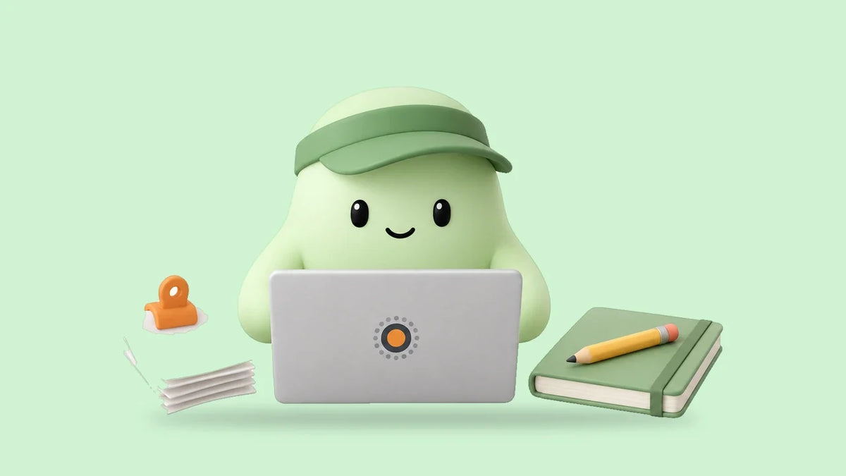 Nora at a laptop beside a clipped stack of receipts and a ledger book with a pencil