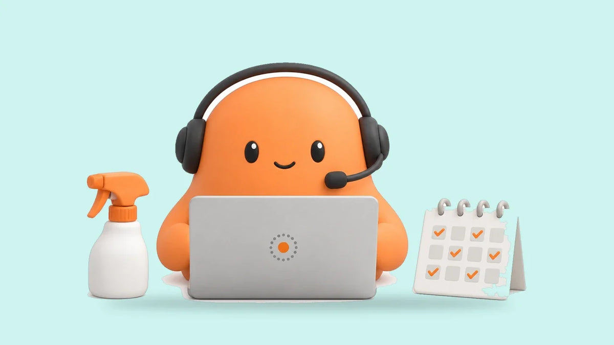 Mia at a laptop beside a small spray bottle and a calendar card with repeating check marks