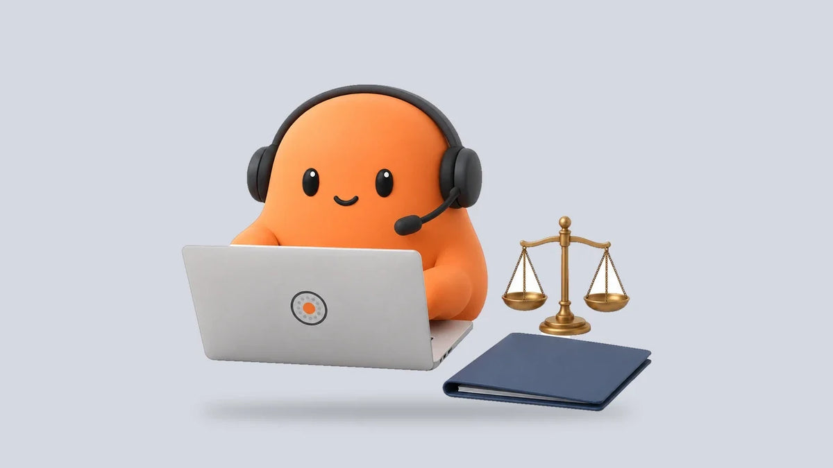 Mia in a headset at a laptop beside a small balance scale and a closed folder