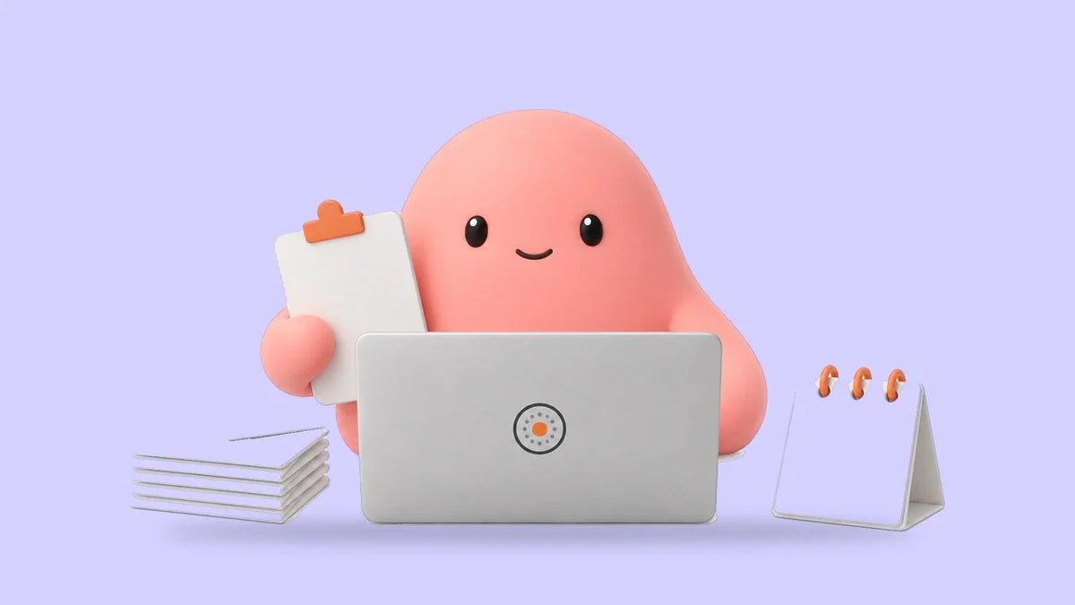Olivia with a clipboard at a laptop beside envelopes and a small calendar