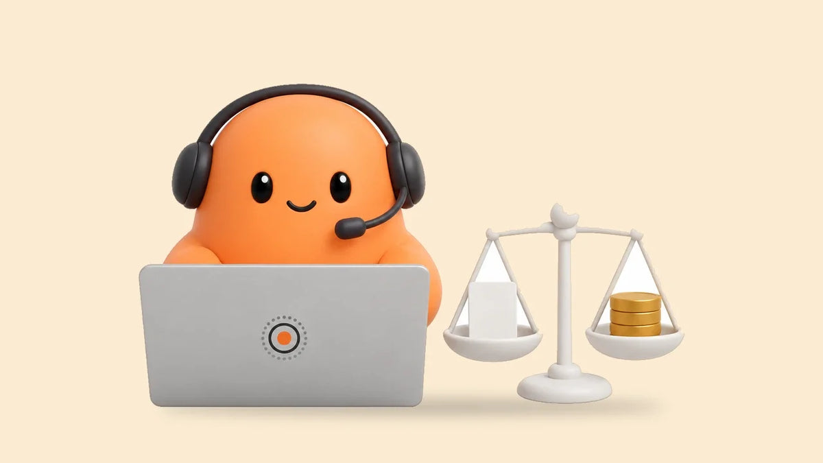 Mia in a headset at a laptop beside small balance scales with a phone card and a stack of coins