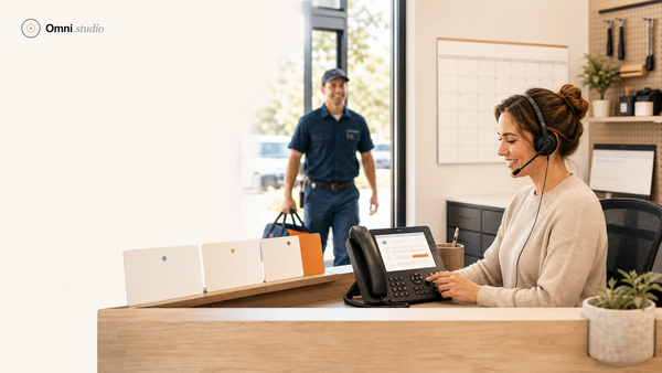 Omni Studio dental AI receptionist workflow with appointment intake, recall follow-up, front desk overflow, and staff review