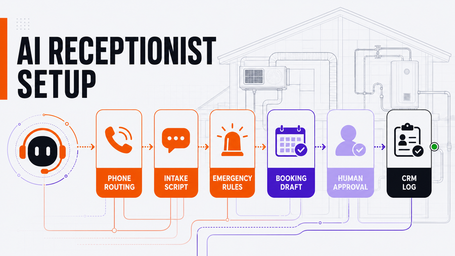 AI Receptionist Setup for HVAC and Plumbing: Phone Routing, Intake Scripts, and Approval Gates — Omni Studio workflow visual