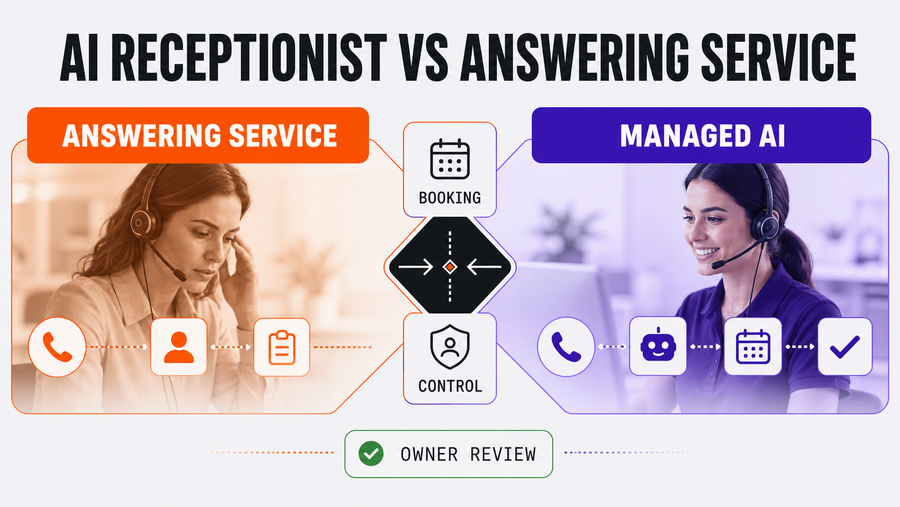 AI Receptionist vs Answering Service for Home Services: Cost, Booking, and Control — Omni Studio workflow visual