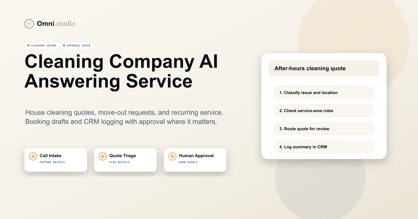 Omni Studio cleaning company AI answering service workflow for quote requests, move-out cleaning, recurring service booking, owner review, and CRM logging.