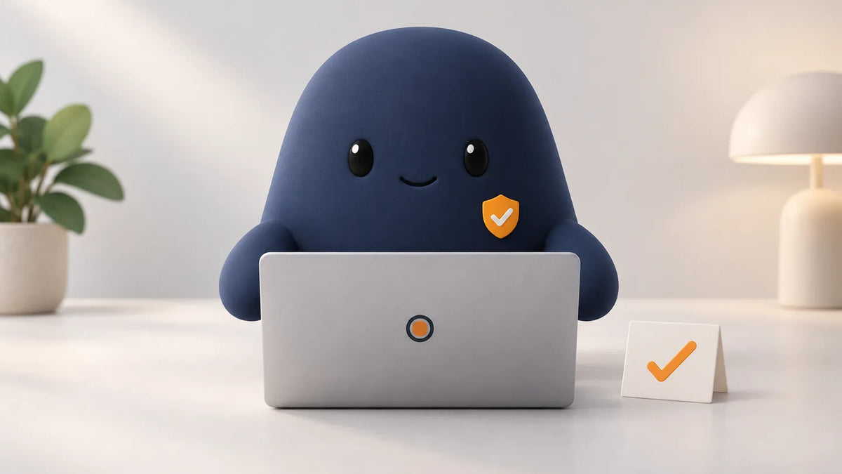Illustration for BoldTrail alternative for a small brokerage: Sam behind a closed laptop with a shield badge and a check card