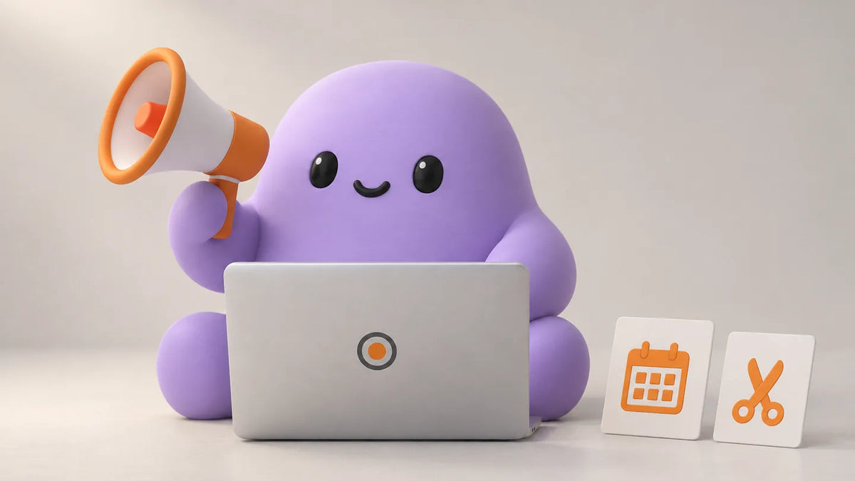 Illustration for Booking software for salons and spas, job by job: Reggie behind a closed laptop with a booking card and a small scissors card