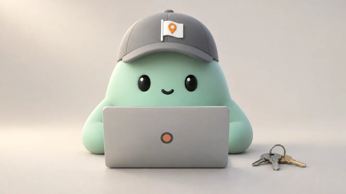 Illustration for Buildium alternative for a small rental portfolio: Hank behind a closed laptop with a key ring and a maintenance ticket card