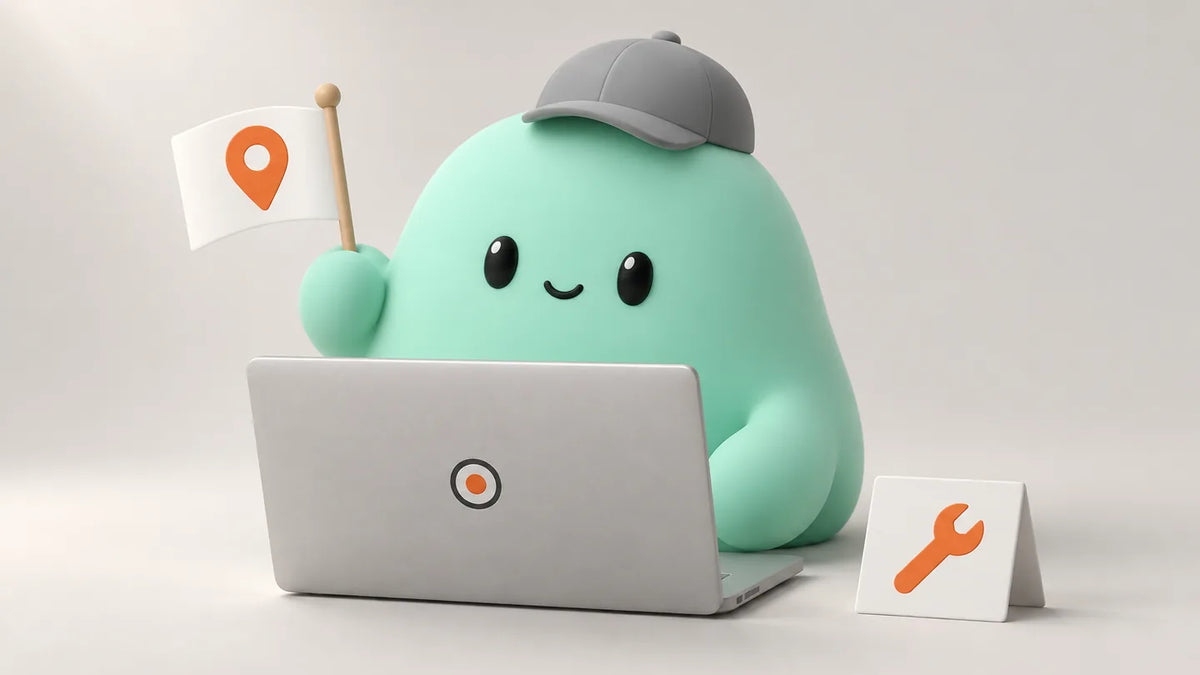 Illustration for Field service software for small business, job by job: Hank behind a closed laptop with a dispatch flag and a wrench card