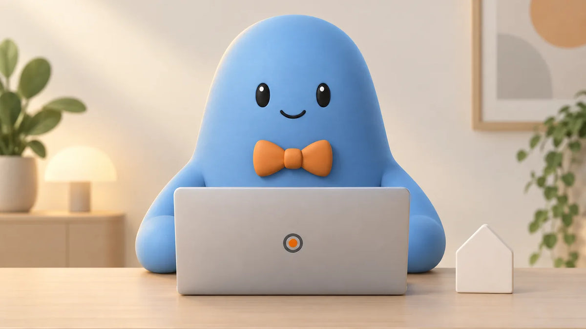 Illustration for Lofty alternative for a small brokerage: Cody behind a closed laptop with a small house-shaped card