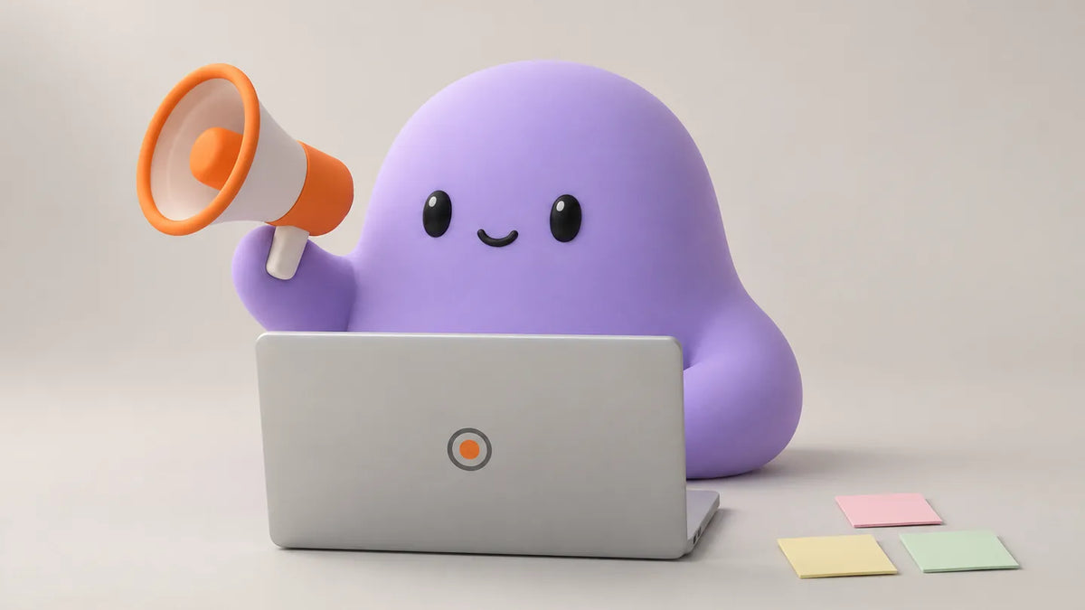 Illustration for Project management software for agencies, job by job: Reggie behind a closed laptop with a megaphone and three sticky notes
