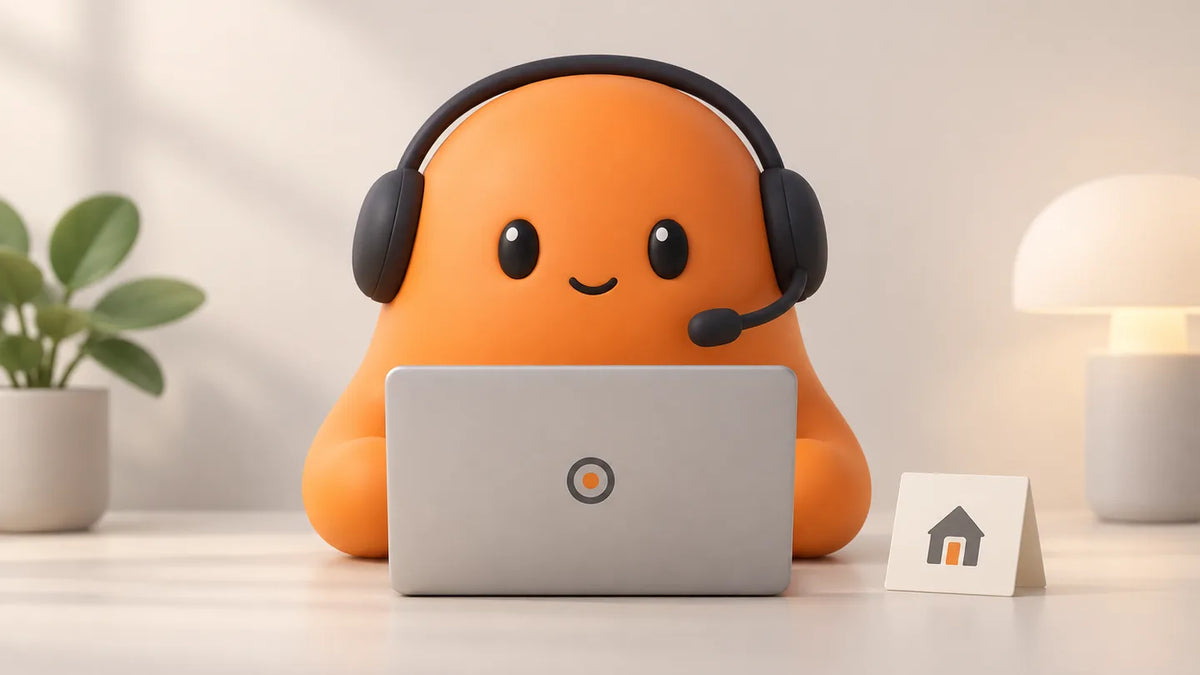Illustration for CRM for small real estate brokerages, job by job: Mia behind a closed laptop with a headset and a card with a house icon