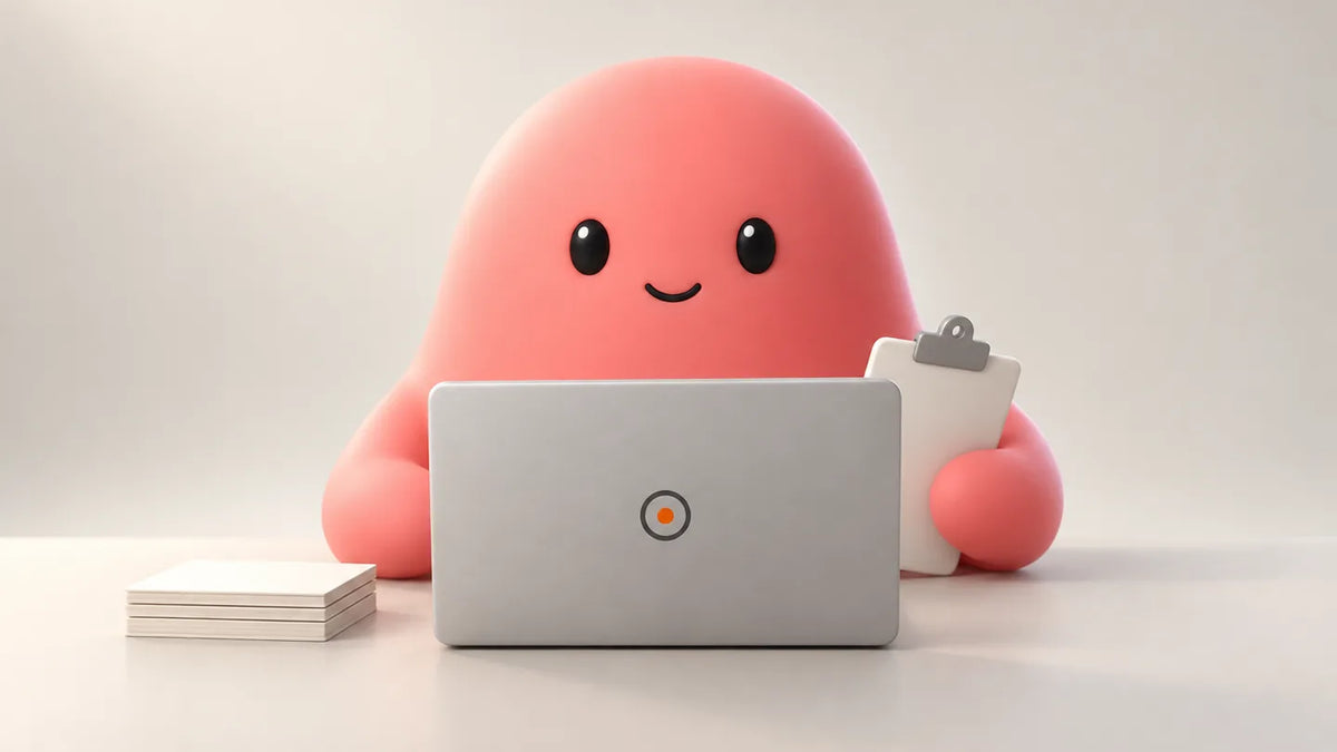 Illustration for Small business software stack, tool by tool: Olivia behind a closed laptop with a clipboard of tool names, one stack of three paper cards