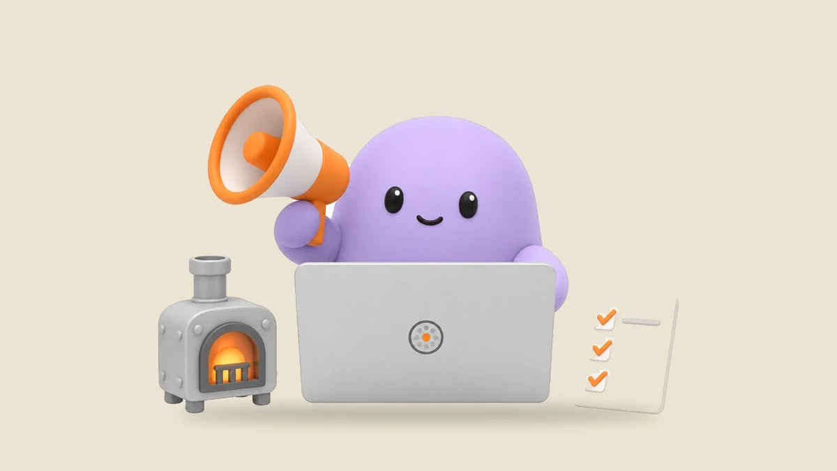Reggie at a laptop beside a small toy furnace and a checklist card