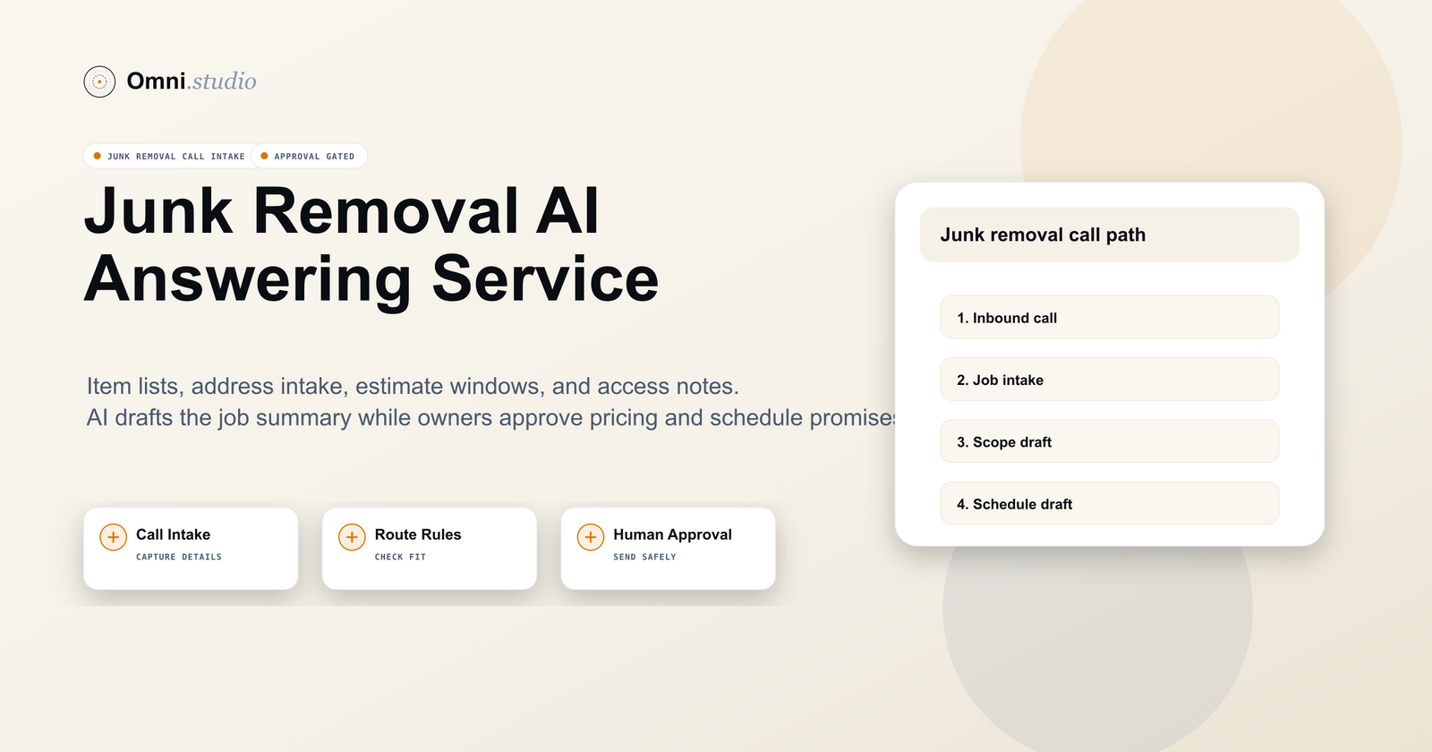 Junk Removal AI Answering Service: Intake, Estimates, and Scheduling With Approval Gates Omni Studio workflow hero