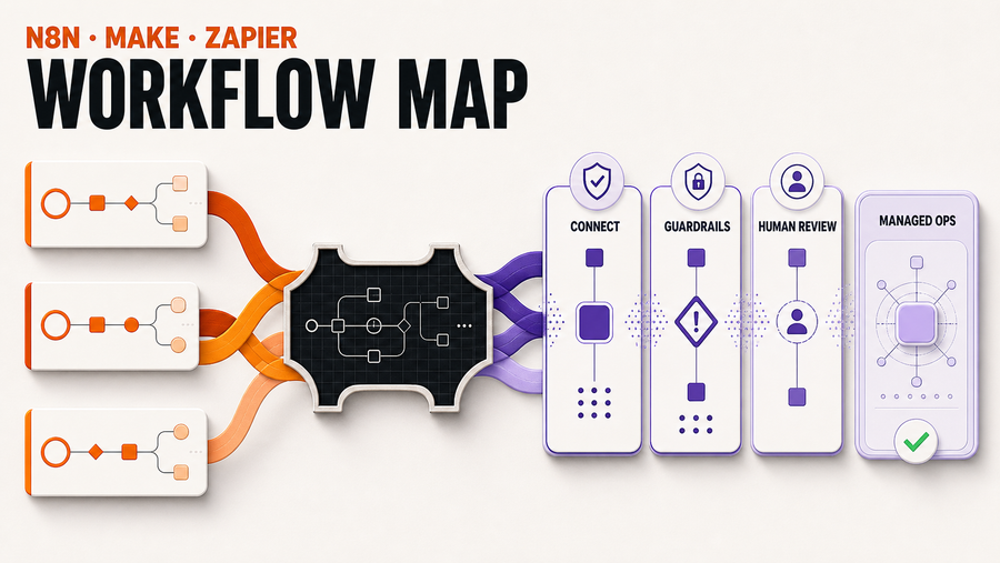 n8n, Make, Zapier, and Managed AI Agents: Where Each Fits — Omni Studio workflow visual