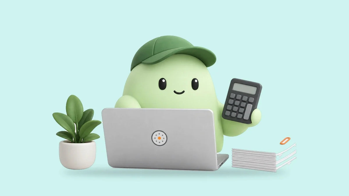 Nora at a laptop beside a stack of invoice sheets and a small potted plant