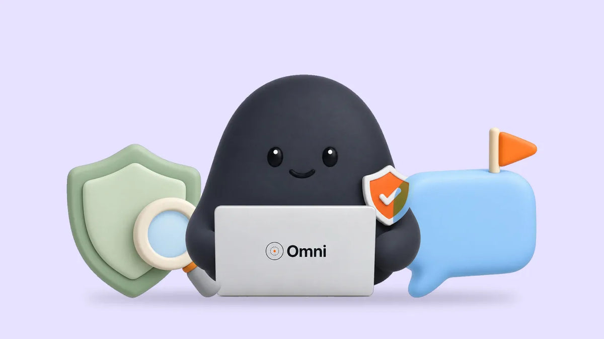 Sam between a shield with a magnifying glass and a speech bubble with an orange flag