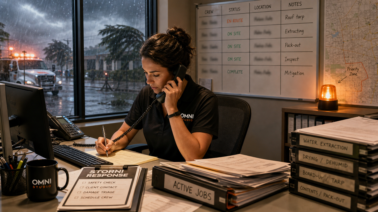 Storm Damage Restoration AI Answering Service: Capture Surge Calls and Triage Notes - Omni Studio home-service AI operations hero image