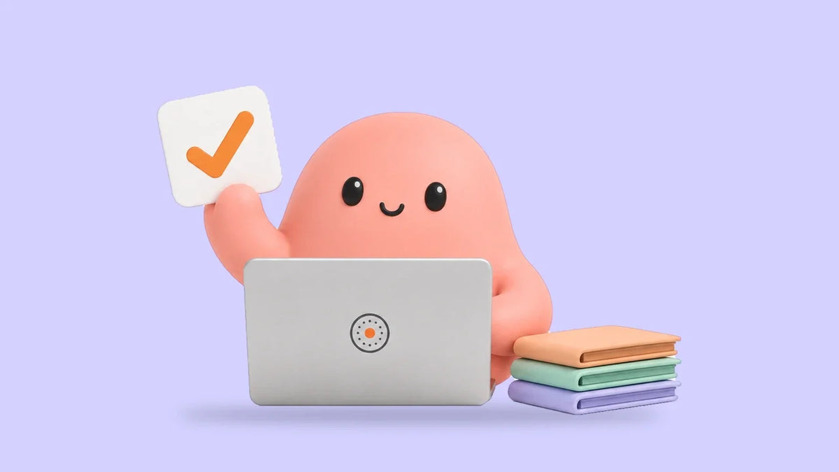 Olivia at a laptop holds up one approval card beside a small stack of folders