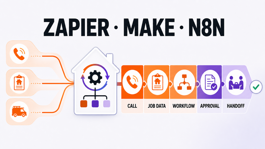 Zapier vs Make vs n8n for Home Service Automation — Omni Studio workflow visual