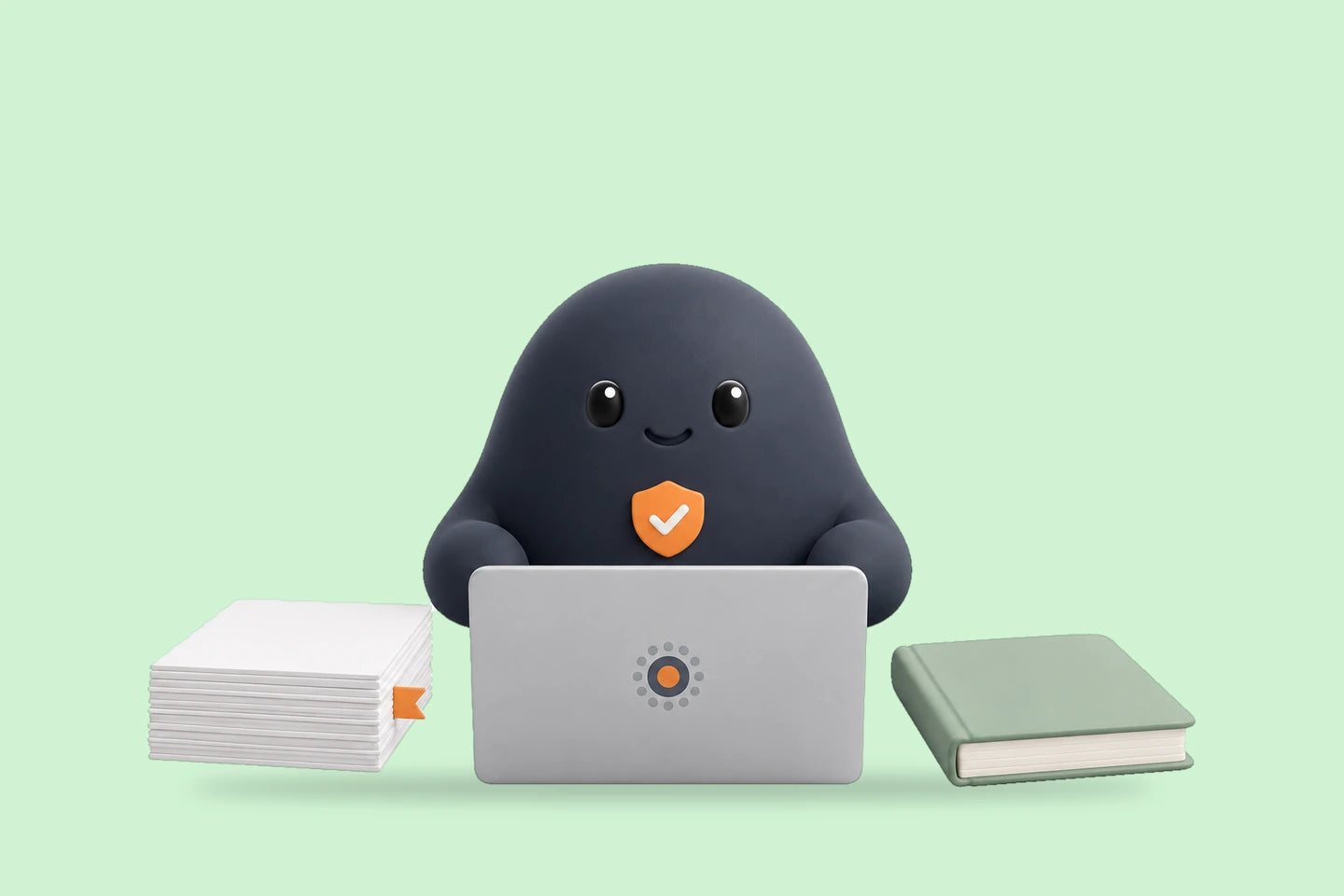 Sam with a shield badge at a laptop beside a stack of papers and a closed green book