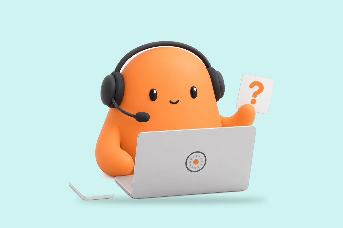 Mia in a headset holds a card with an orange question mark beside a laptop and a small phone