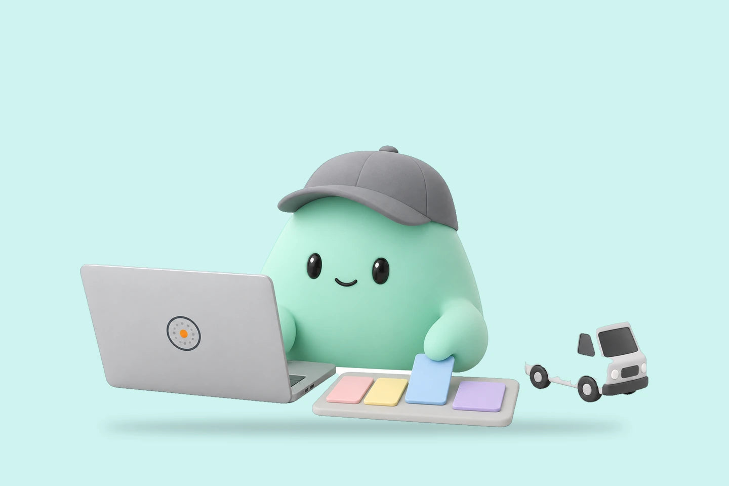 Hank slides one of four job cards across a small board beside a laptop and a toy van