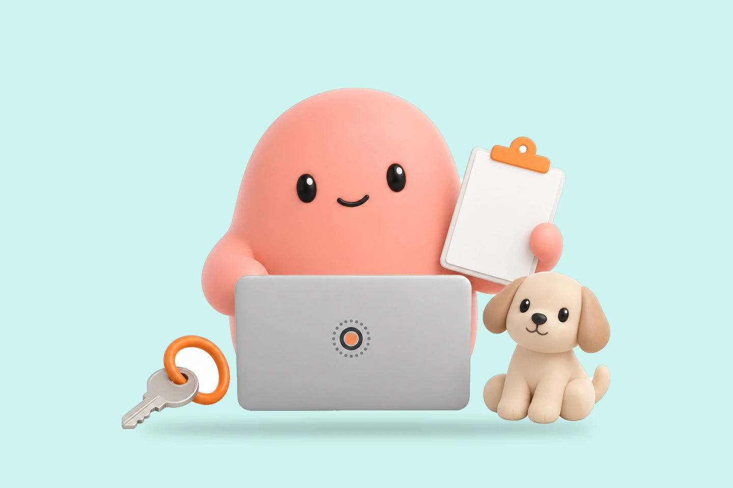Olivia with a clipboard at a laptop beside a key ring and a small toy dog