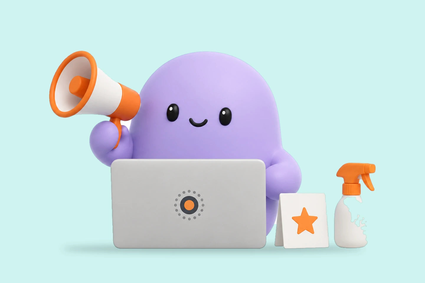 Reggie with a megaphone at a laptop beside a star card and a spray bottle