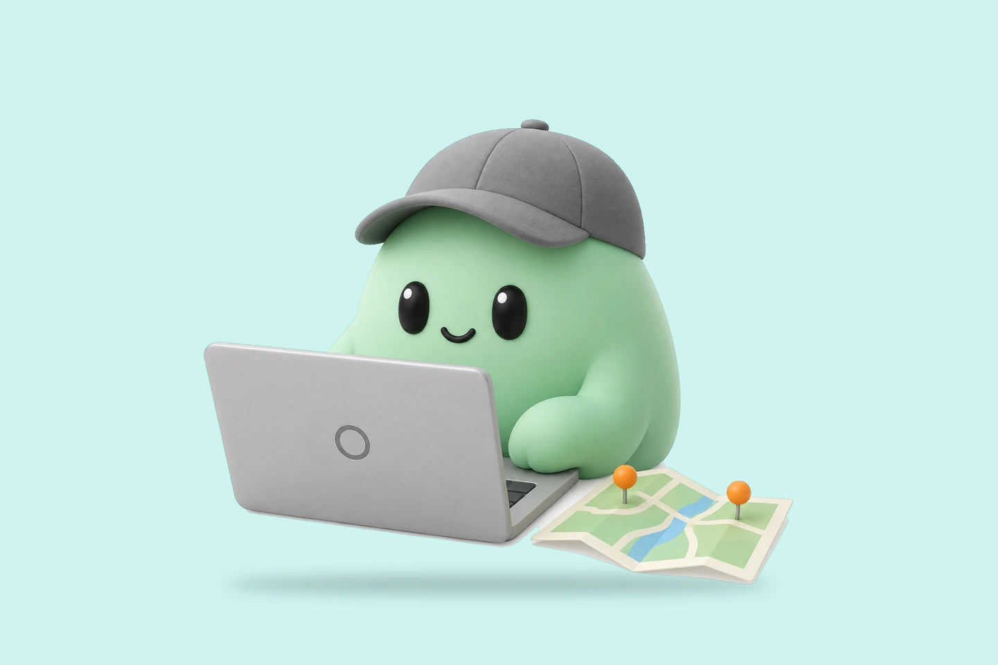 Hank beside a laptop and a small folded map with two orange pins