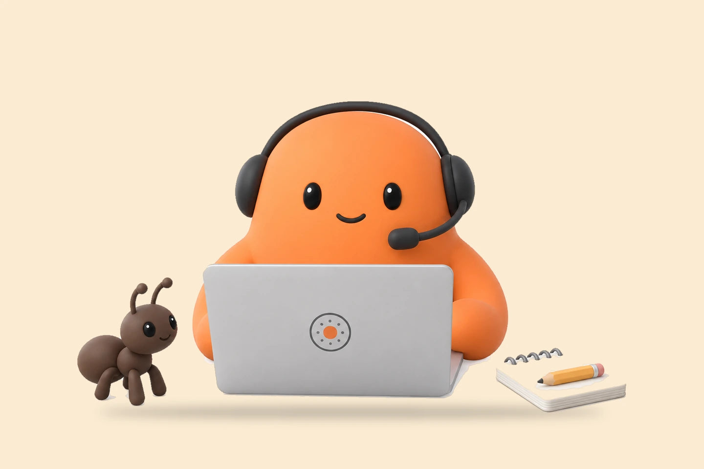 Mia in a headset at a laptop beside a small toy ant figure and a notepad