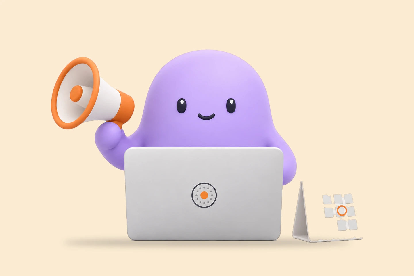 Reggie with a megaphone beside a laptop and a calendar card with one date circled