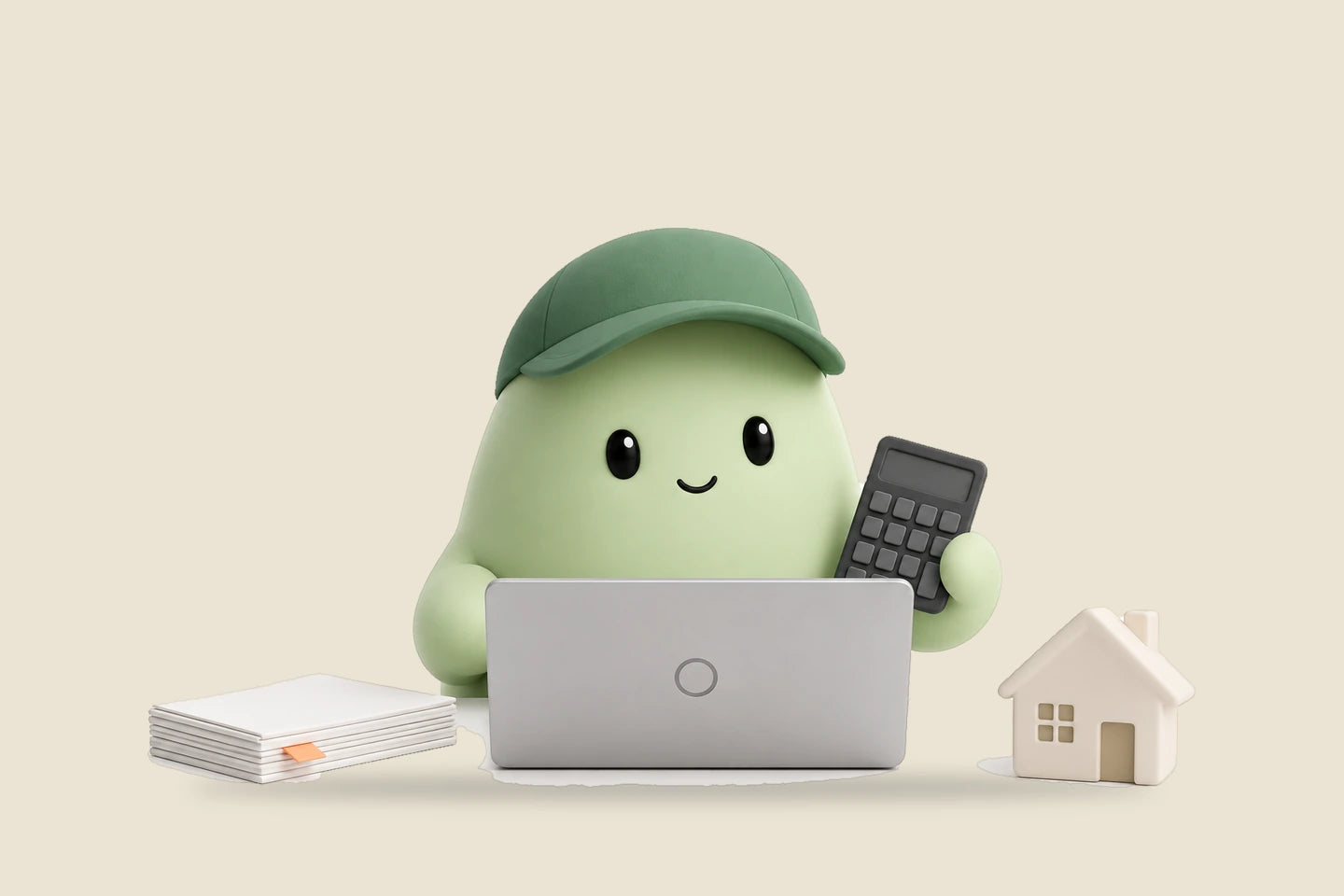 Nora in a visor cap holding a calculator at a laptop beside a stack of statements and a small clay house