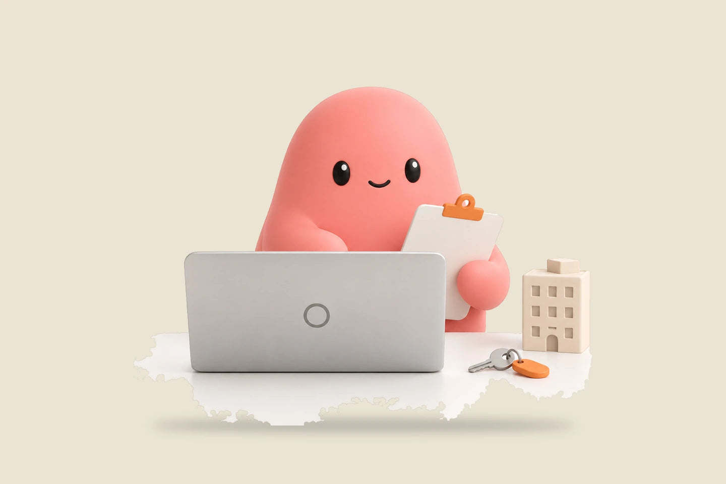 Olivia with a clipboard at a laptop beside a small toy apartment building and a key with an orange tag