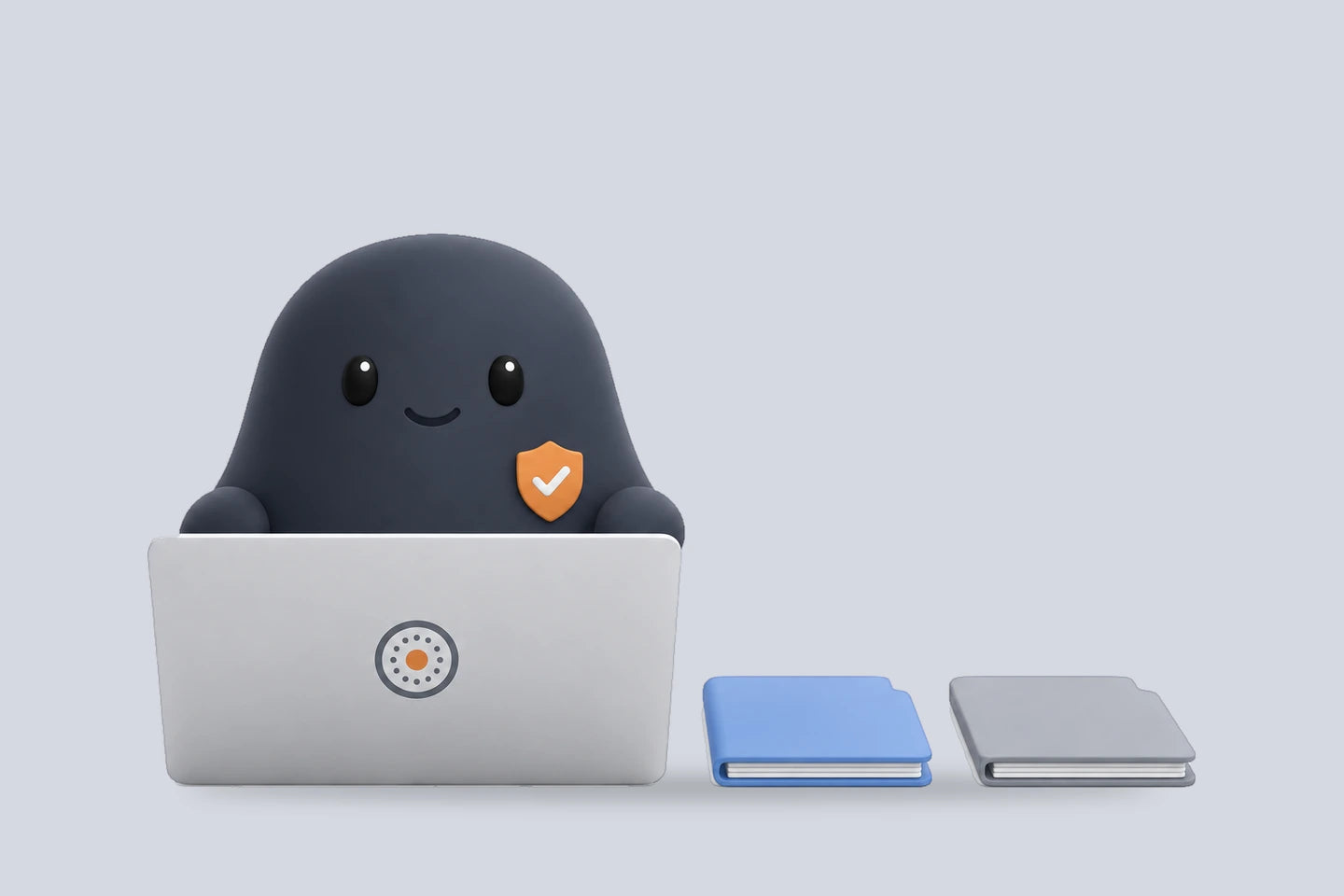 Sam with a shield badge beside a laptop and two folders, one set apart from the other