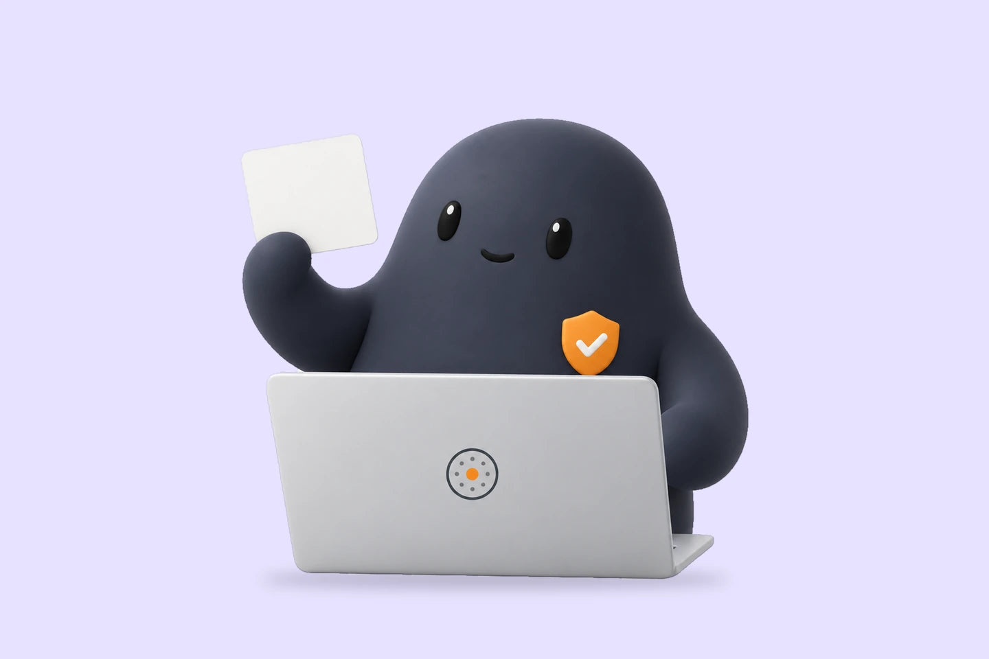Sam with a shield badge checks a draft card beside a laptop