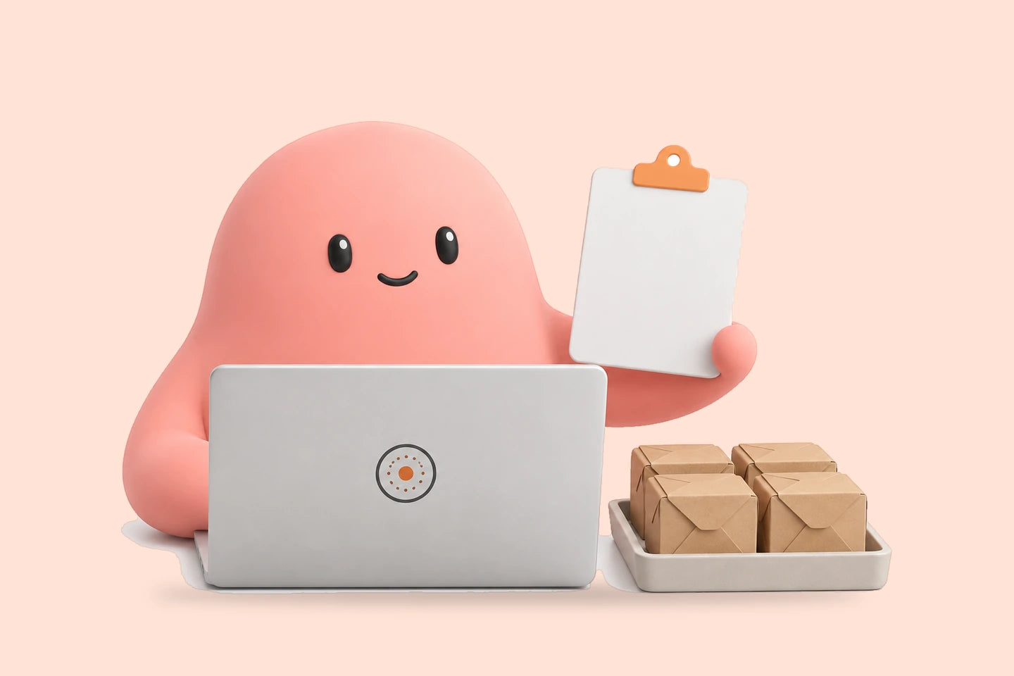 Olivia with a clipboard beside a laptop and a tray of small boxed lunches