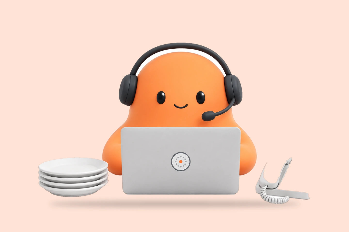 Mia in a headset beside a laptop, a stack of plates and a small desk phone
