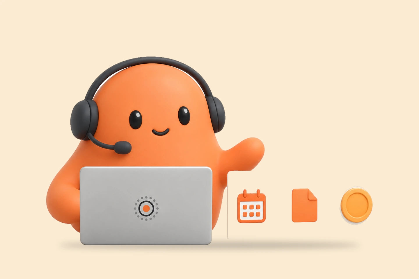 Mia in a headset beside three cards showing a calendar, a document and a coin