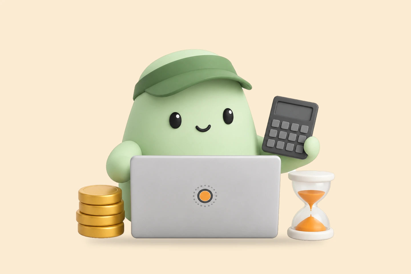 Nora holds a calculator beside a laptop, a stack of coins and an hourglass