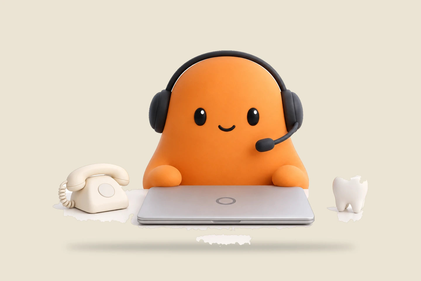 Mia in a headset at a closed laptop beside a cream desk telephone and a small tooth figure